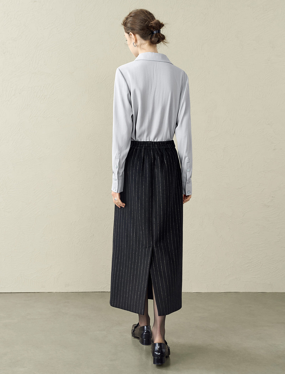 Black Pinstripe Wool-Blend Midi Skirt