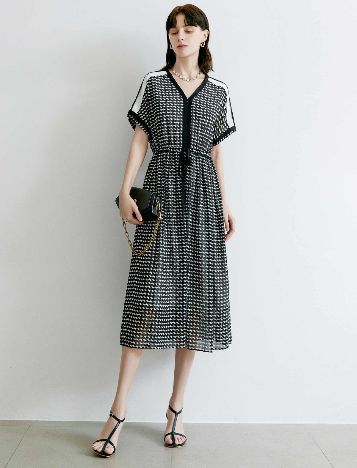 V-Neck Floral Waist-Cinched Dress