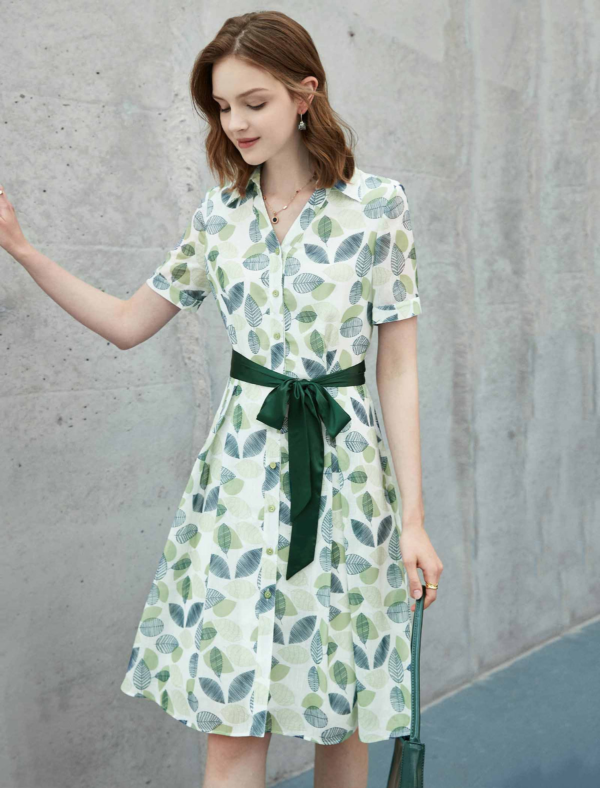 Green Leaf Print Shirt Dress with Satin Belt