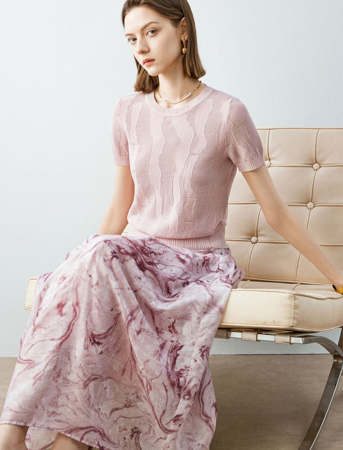 Pink Marble Print Pleated Midi Skirt