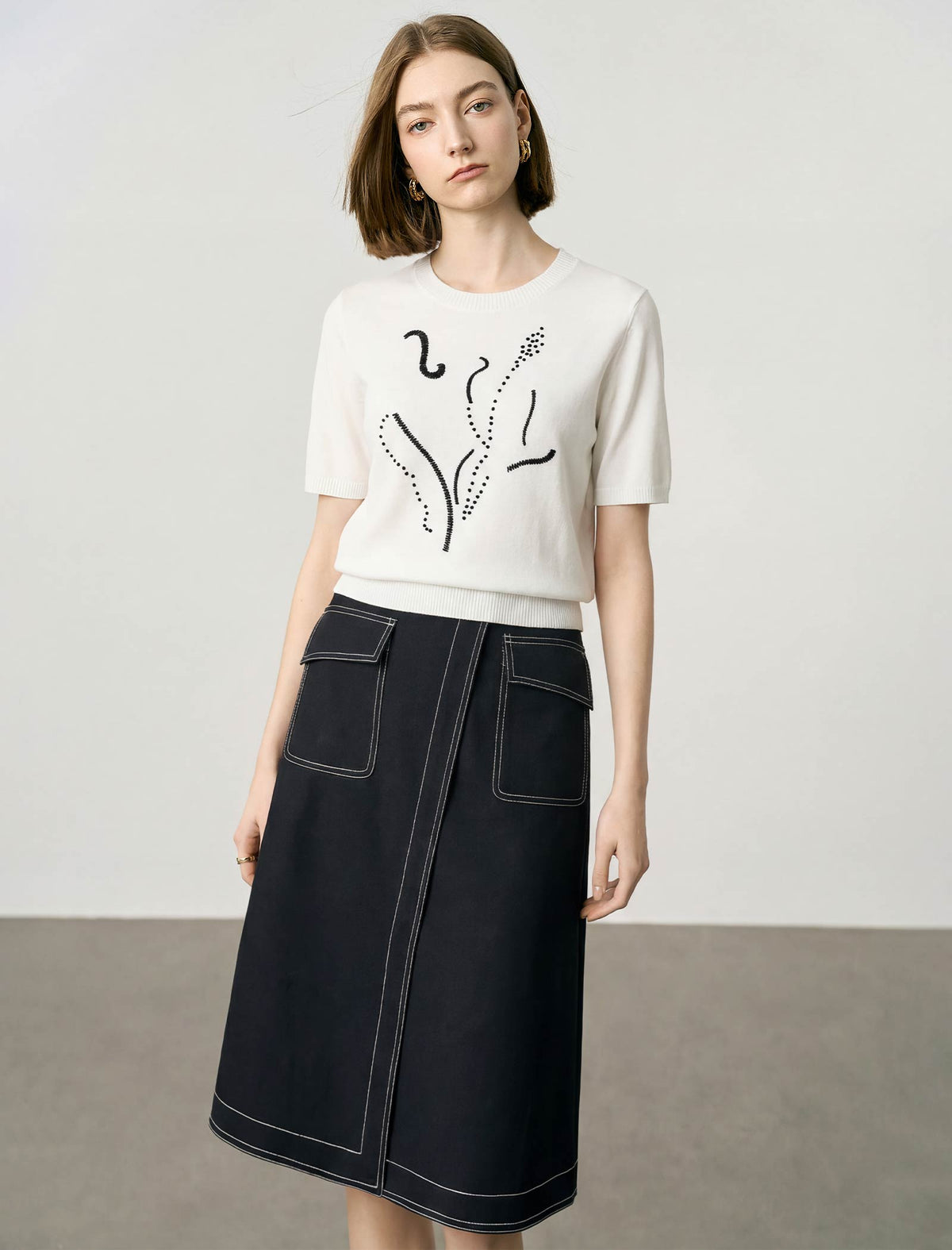 Black Contrast Stitch Midi Wrap Skirt