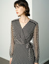 Checkered Wrap V-Neck Midi Dress