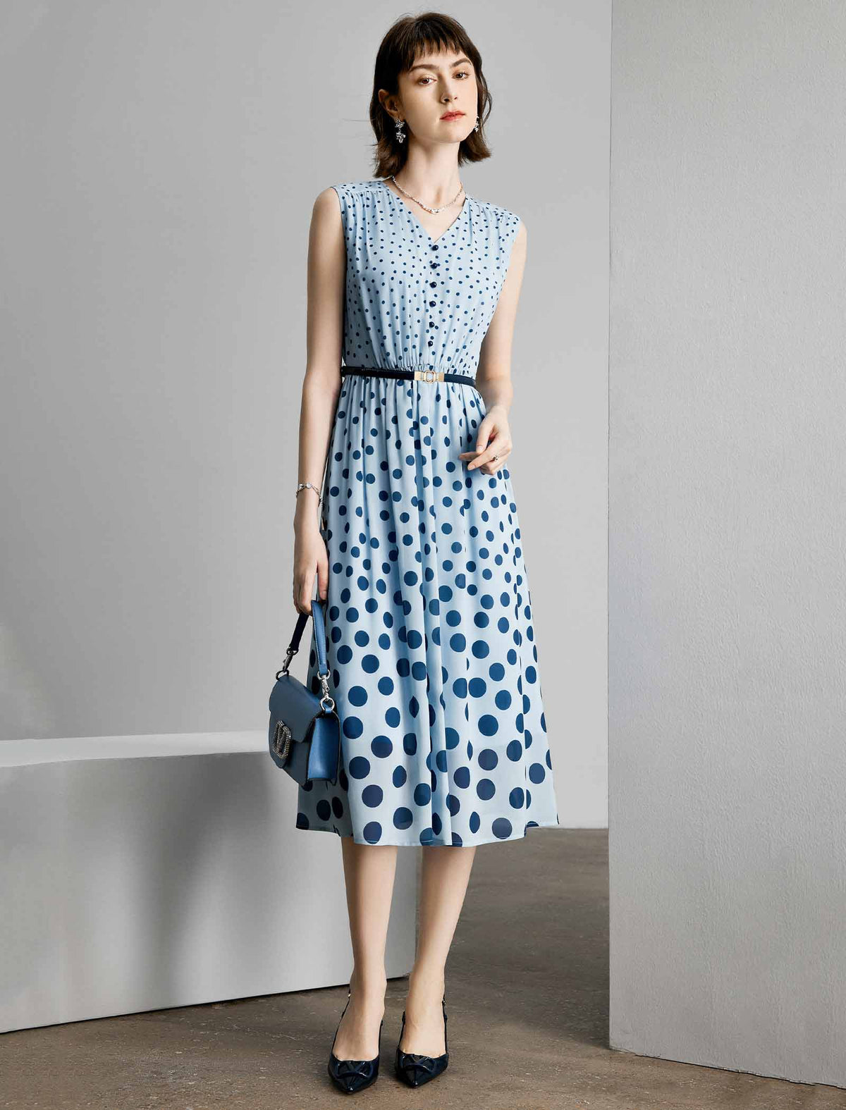 Blue Polka Dot Sleeveless Midi Dress