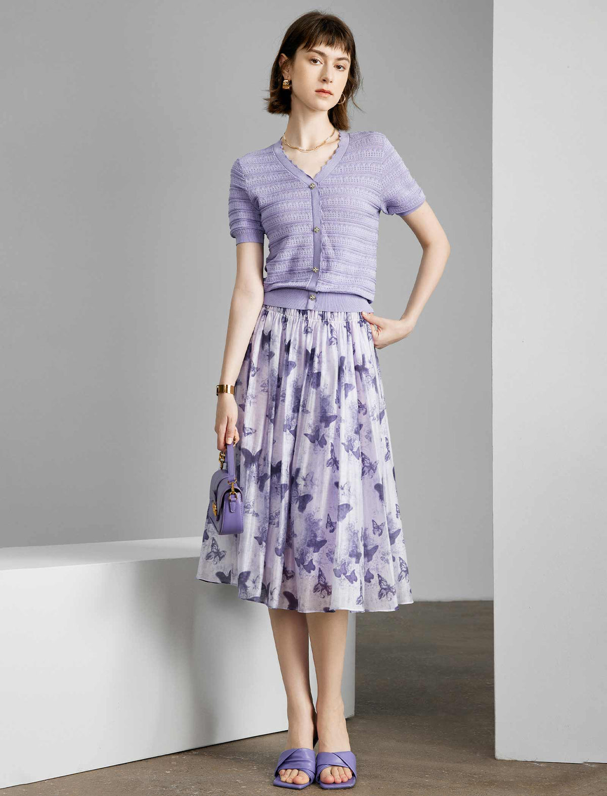 Purple Tencel Print A-Line Skirt
