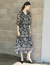 Black And Beige Floral Print Midi Dress