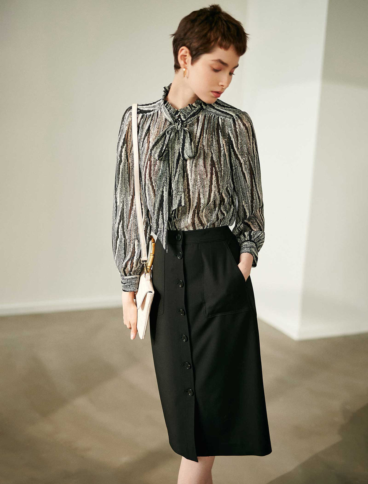 Black Button-Front Midi Pencil Skirt