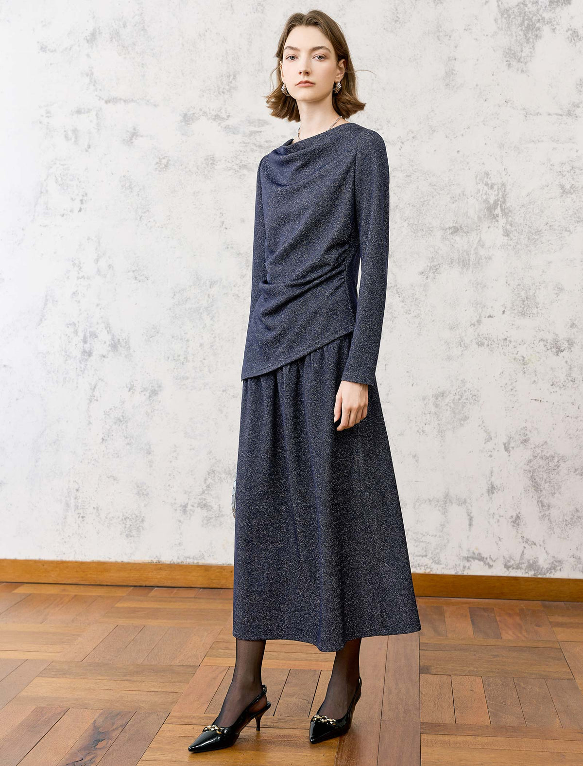 Vintage-Style Cowl Neck Top with Asymmetrical Hem