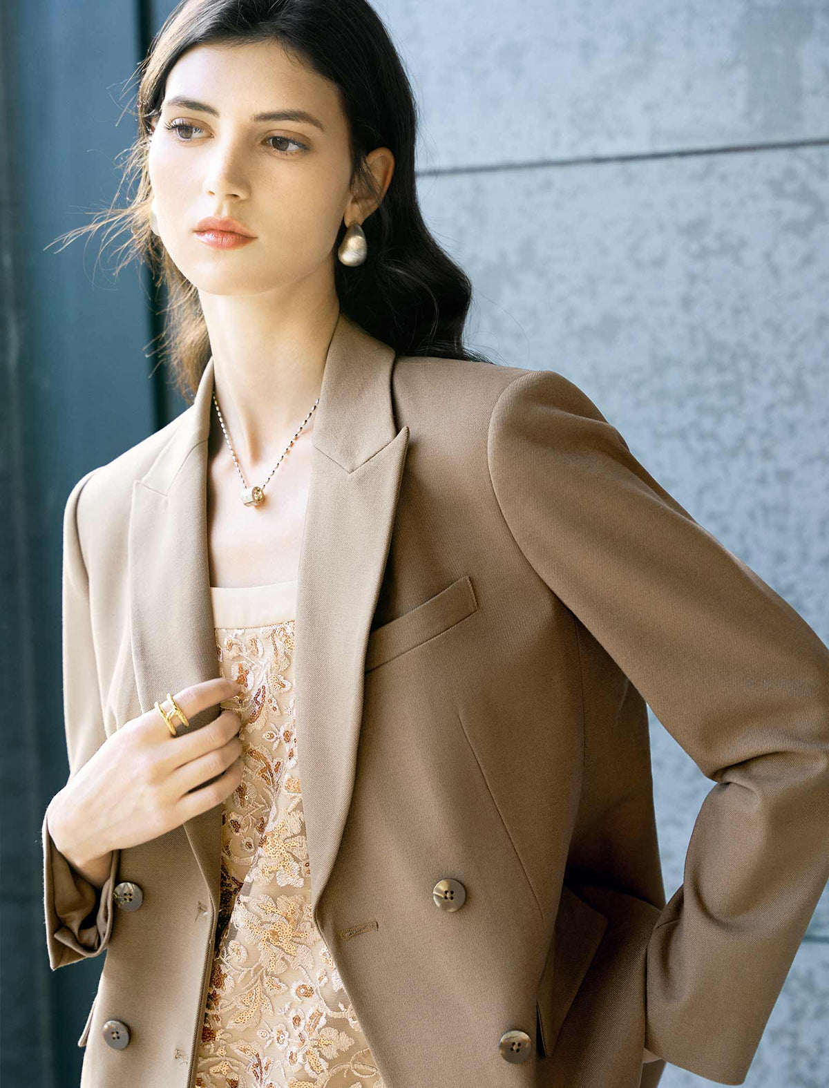 Taupe Double-Breasted Blazer