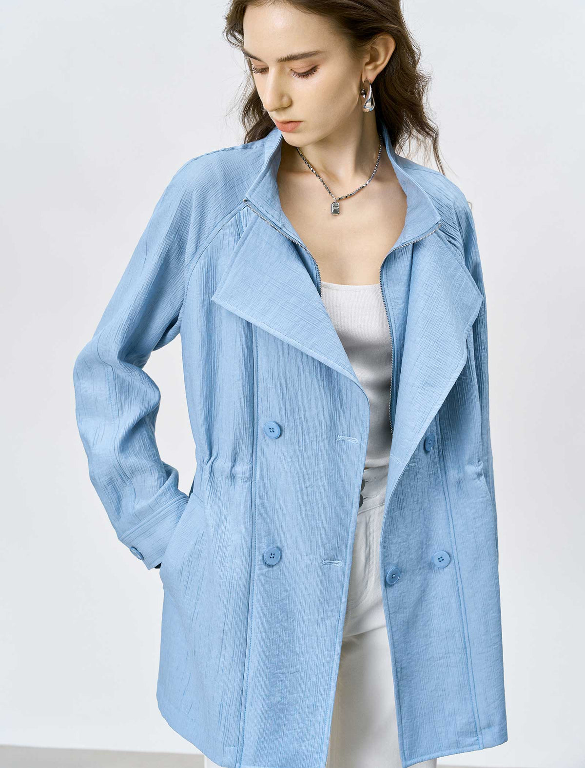 Light Blue Drawstring Waist Double Breasted Mid Length Trench Jacket