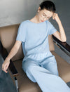 Light Blue Ruffle-Hem Short Sleeve Blouse