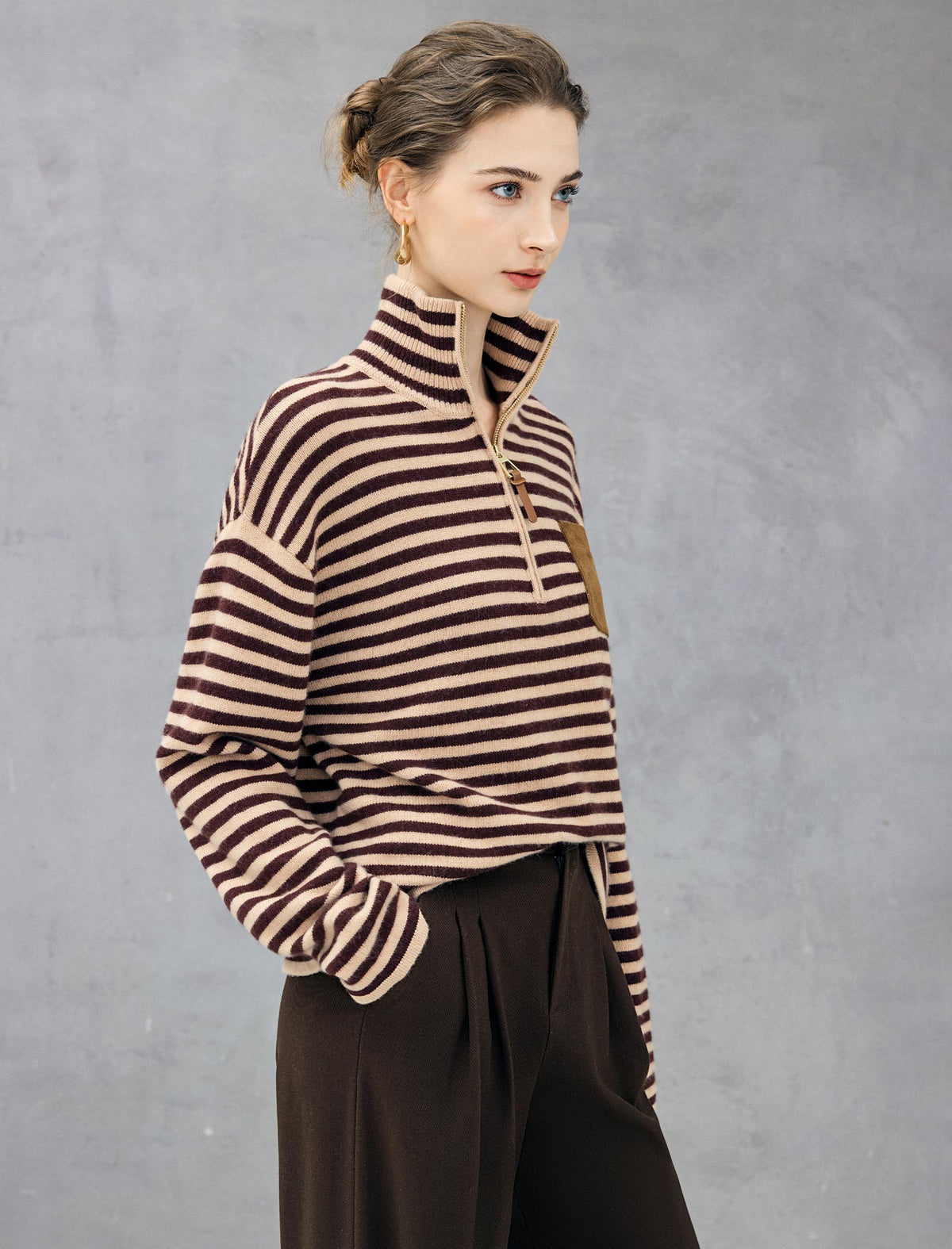 Wool Blend Striped Stand-Collar Half-Zip Relaxed Sweater