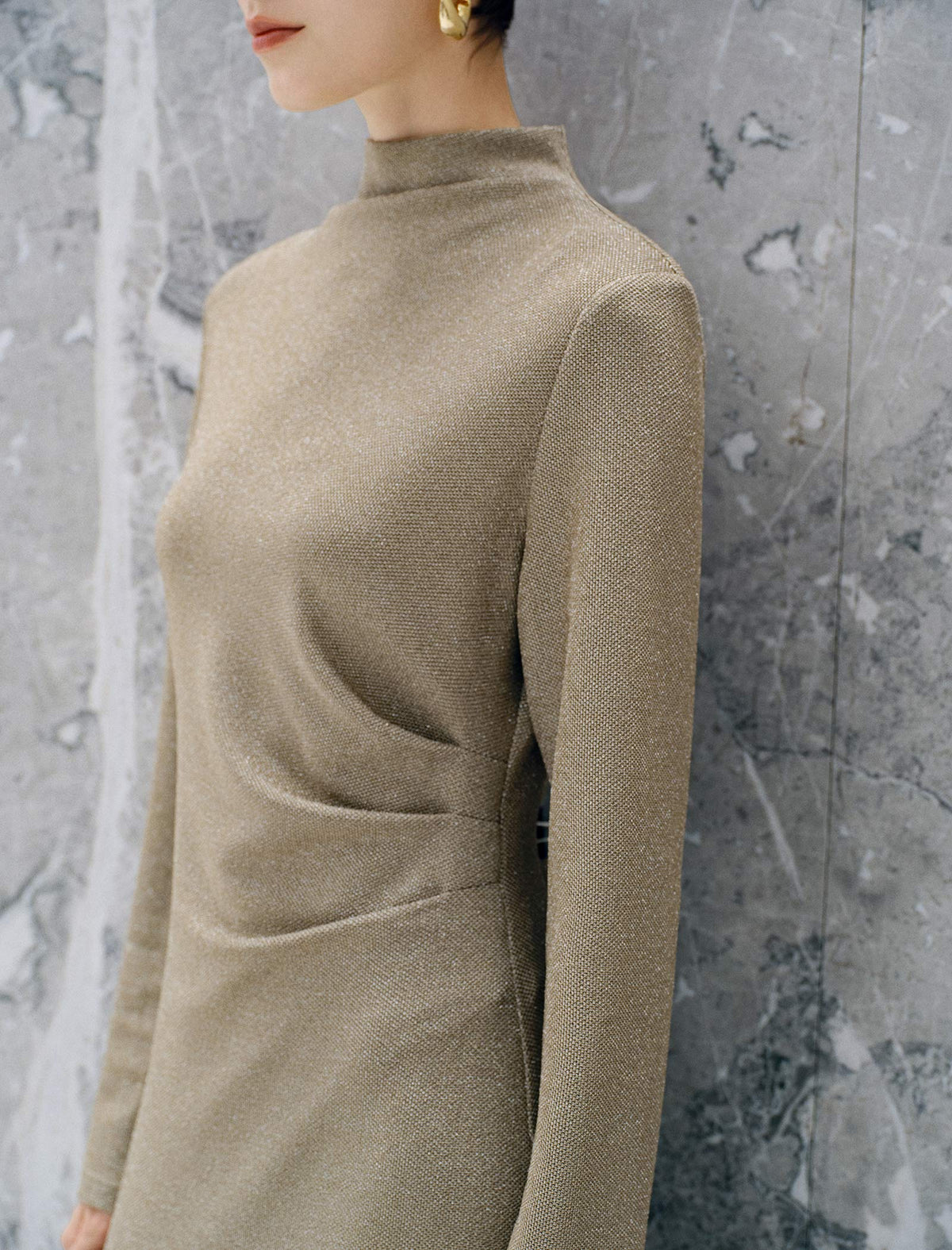 Solid Mock Neck Long Sleeve Midi Dress