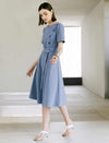 Solid Crew Neck Waist-Cinched Button Dress