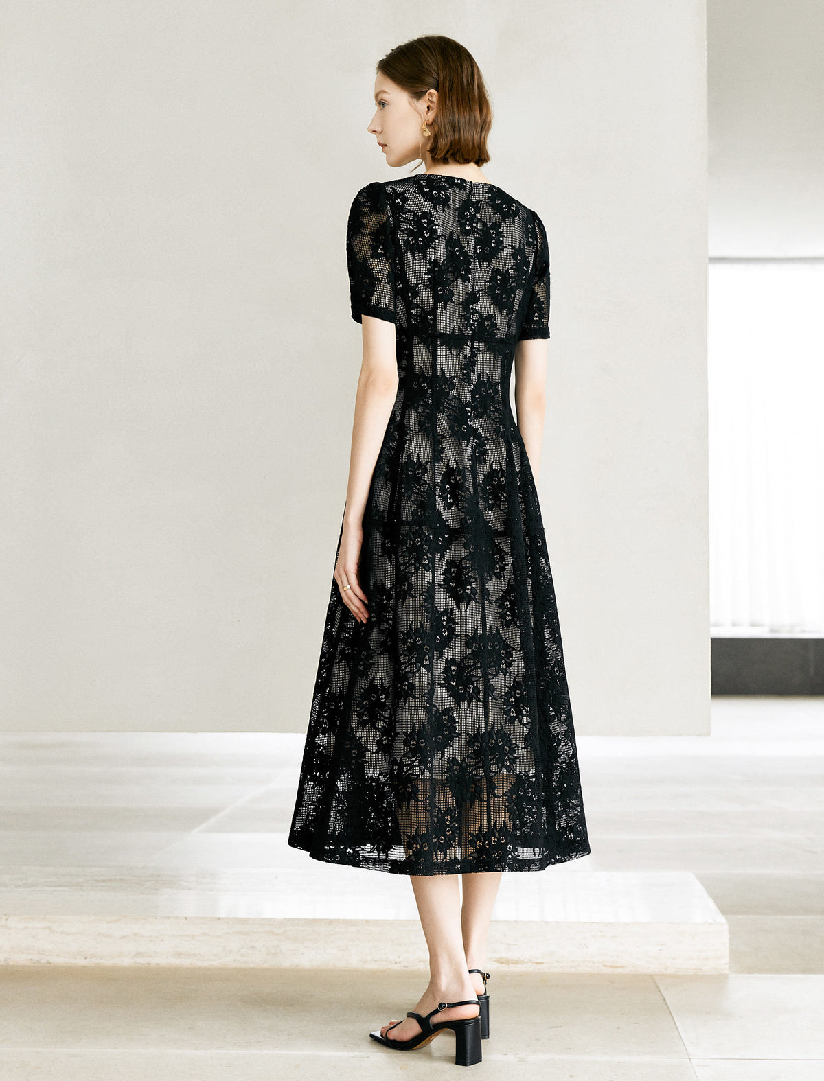 Noir Flocked Lace Midi Dress