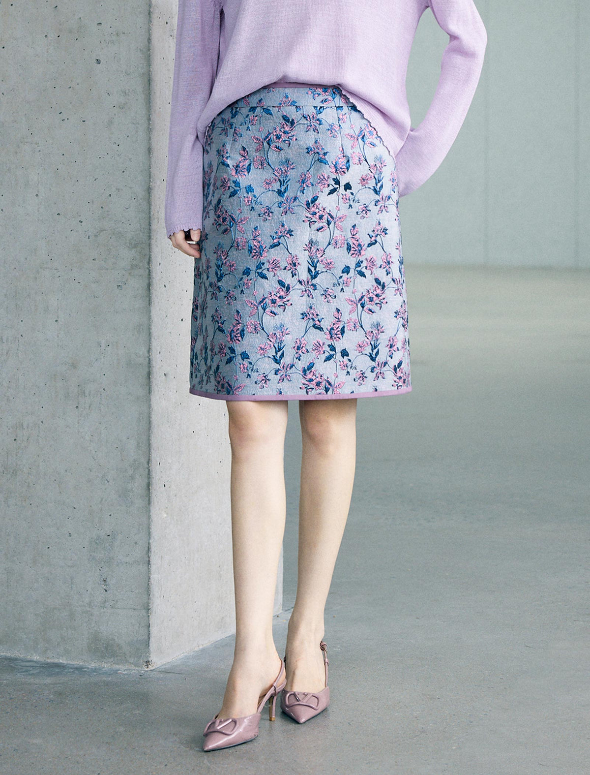 High Waist Floral Jacquard A Line Midi Skirt