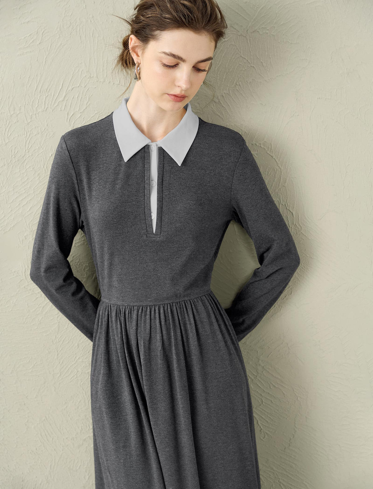 Contrast Collar Polo Knit Midi Dress