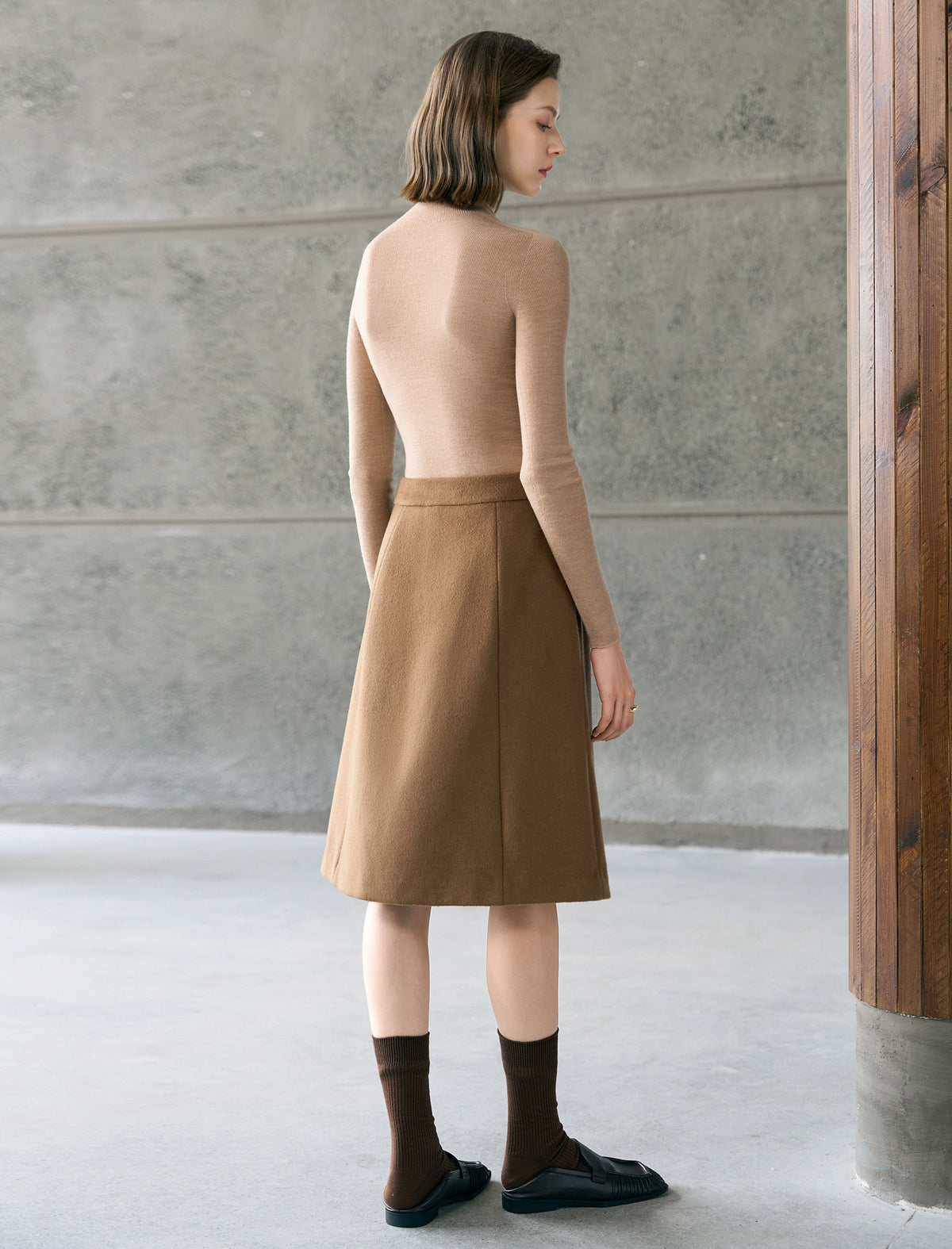 Wool Gray Double-Faced High-Waist A-Line Midi Skirt