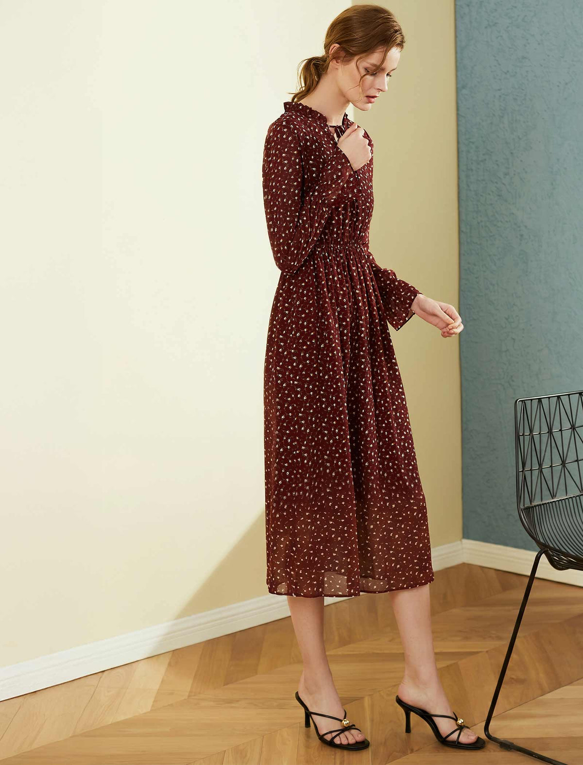 Burgundy Ditsy-Print Long-Sleeve Midi Dress