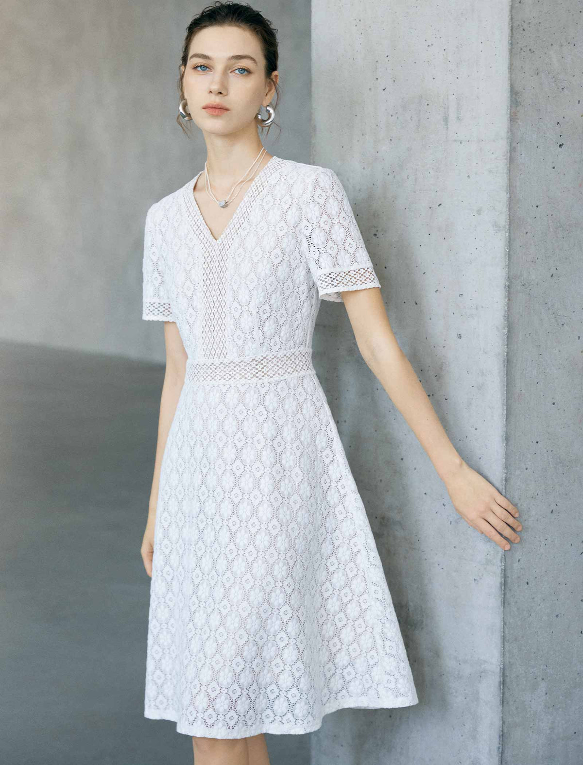 White Geometric Lace V-Neck Short Sleeve Fit And Flare Midi Dress