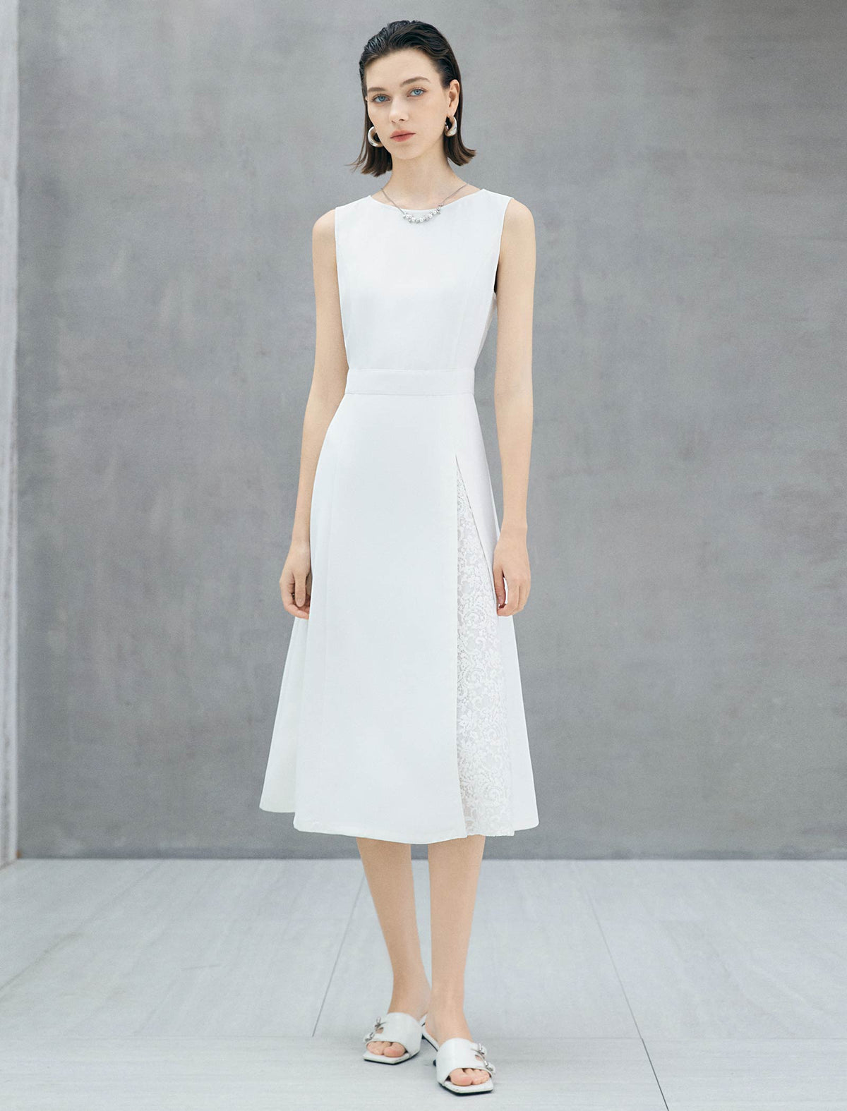 White Boat Neck Sleeveless Lace Slit Waist-Fitted Midi Dress