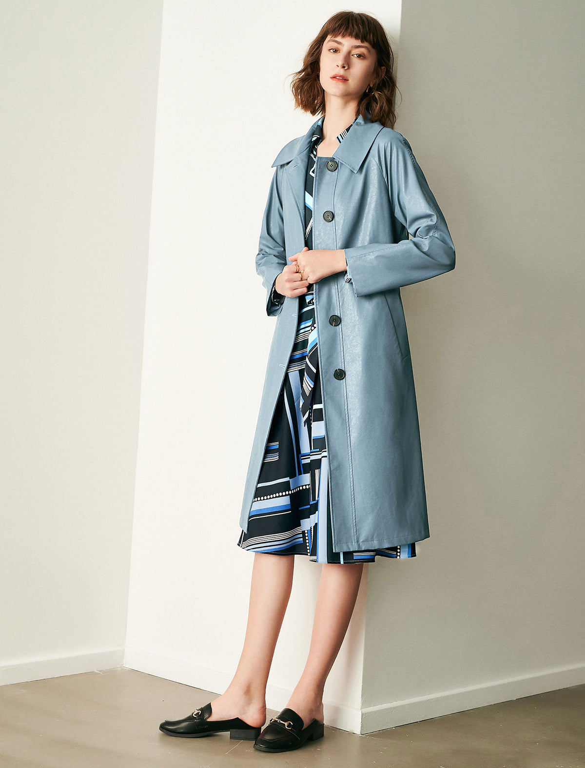 Collared Button-Front Belted Trench Coat