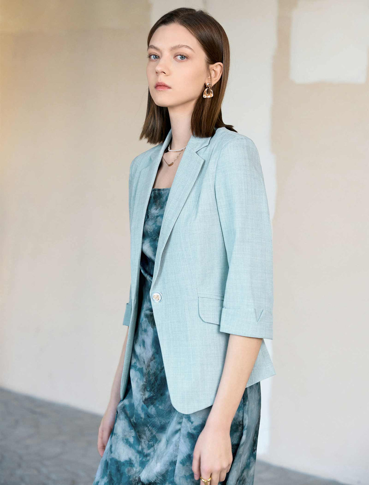 Light Mint One Button Roll Cuff 3/4 Sleeve Blazer