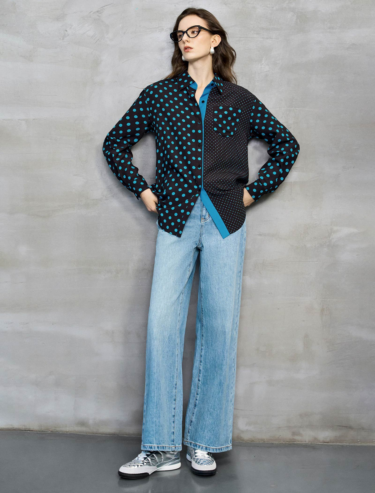 Black And Turquoise Polka Dot Asymmetric Blouse