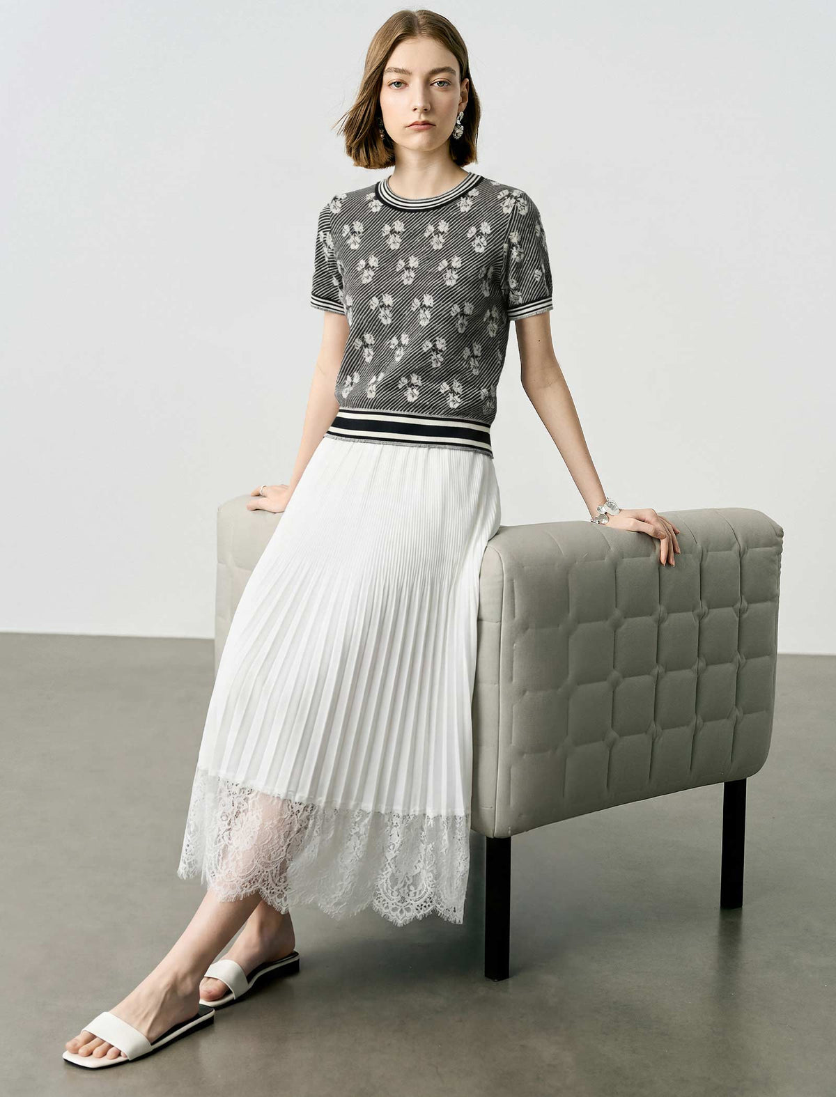 White Pleated Lace-Hem Midi Skirt