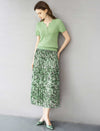 Green Abstract Print Pleated Midi Skirt