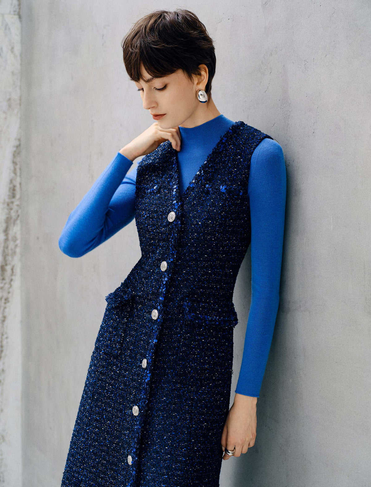 Wool Blend Button Front Sleeveless Midi Dress