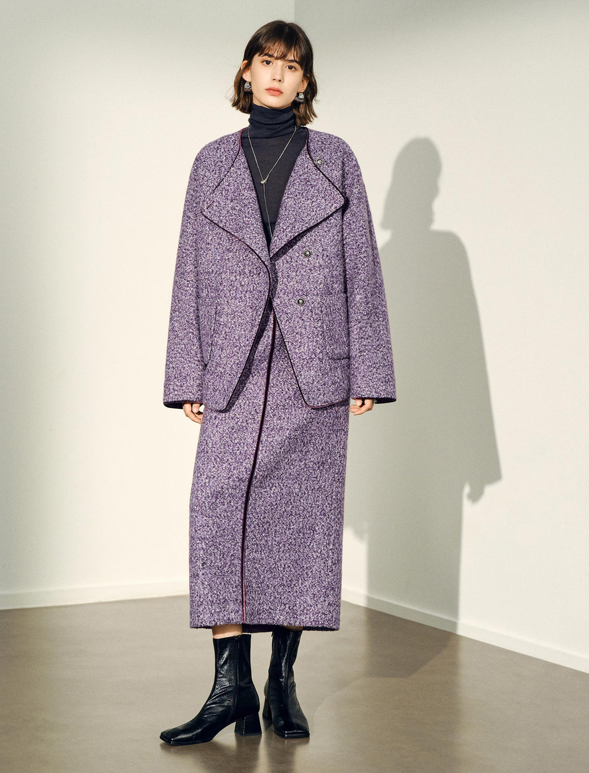 Oversized Lapel Contrast‑Piping Mid‑Length Coat