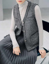 Sparkle Tweed V Neck Sleeveless Fringe Trim Vest