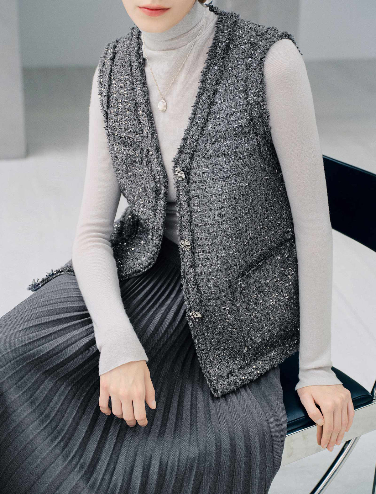 Sparkle Tweed V Neck Sleeveless Fringe Trim Vest