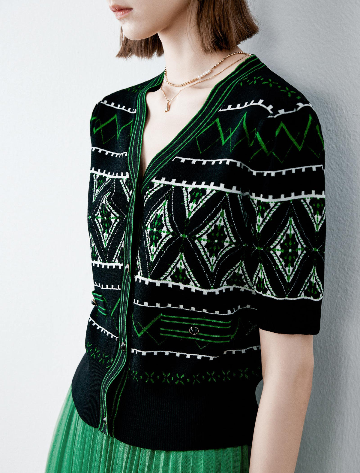 Retro Geo Jacquard Knit Short‑Sleeve Cardigan