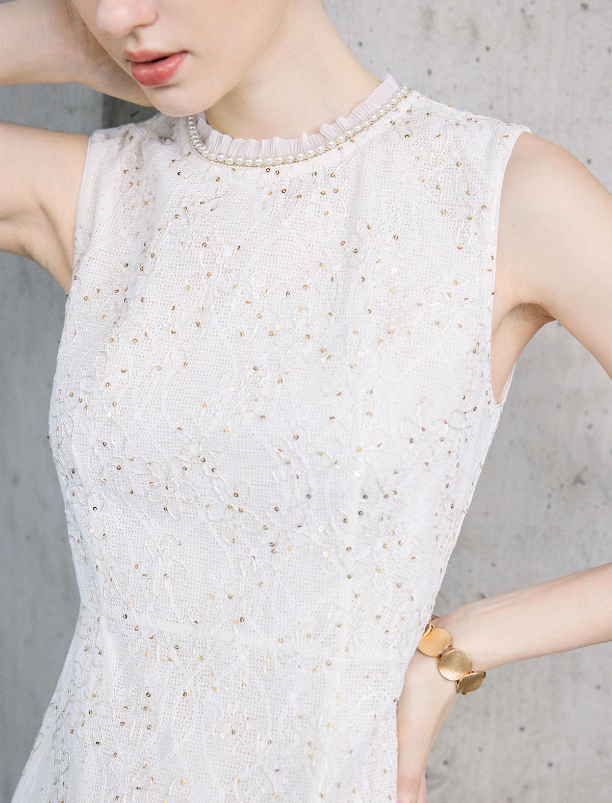 Cream Sequin Lace Sleeveless A-Line Midi Dress