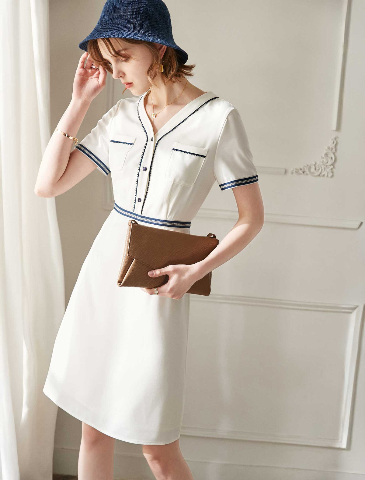 White Contrast Trim V-Neck A-Line Dress