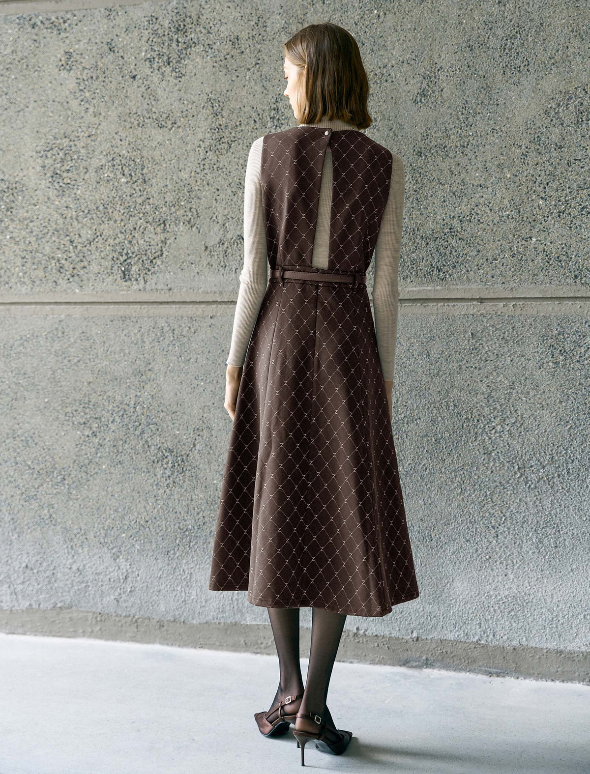 Brown Plaid V-Neck Belted Sleeveless Midi Dress