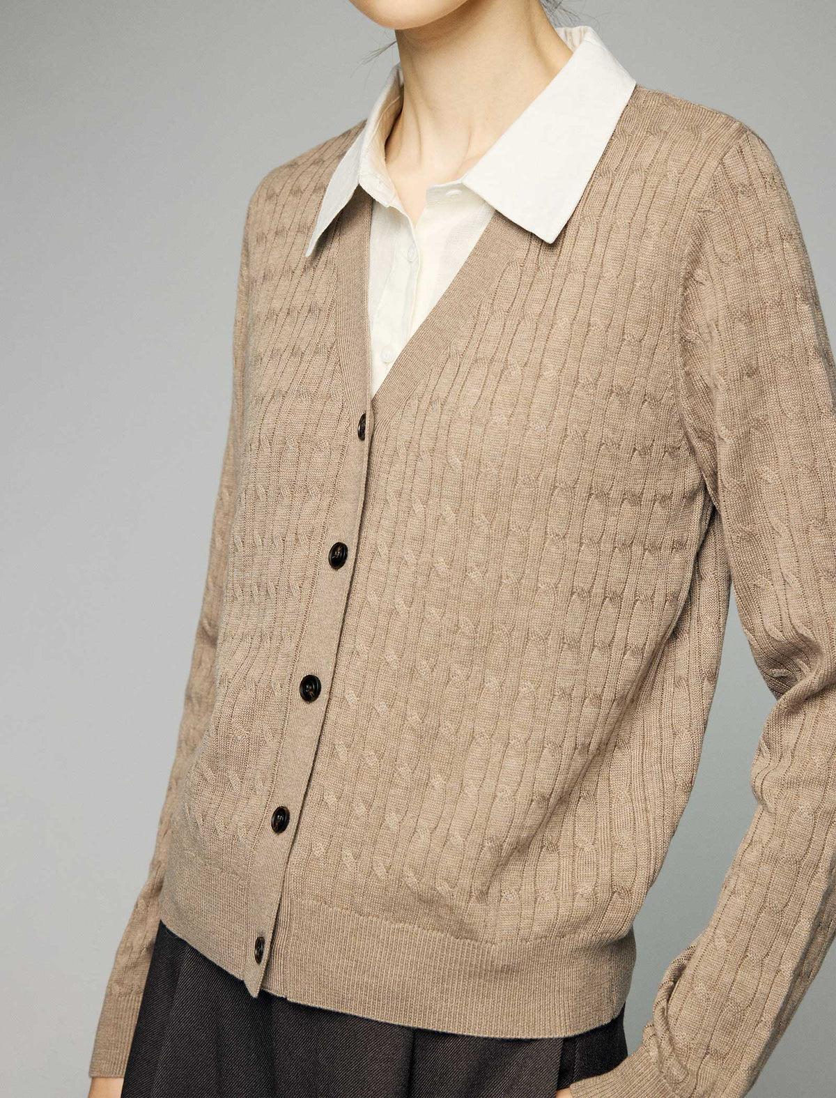 Wool Blend Cable-Knit V-Neck Button-Front Cardigan