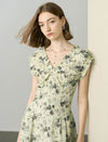 Floral Print Flutter-Sleeve Wrap Midi Dress