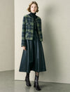 Green Plaid Wool-Blend Leather Trim Jacket