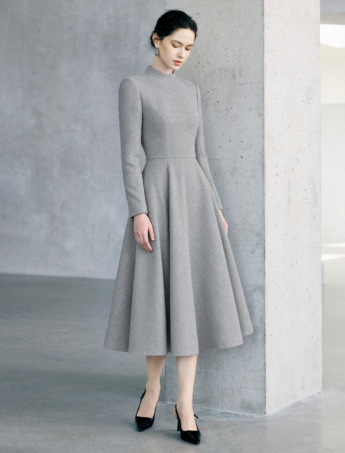 Mock Neck Long Sleeve A-Line Midi Dress