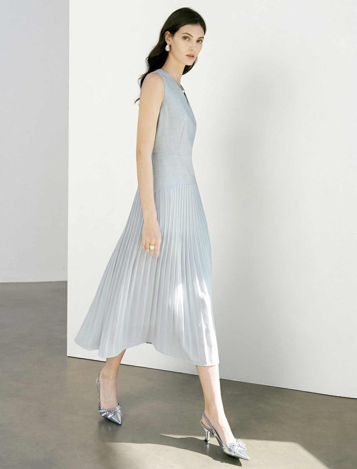 V-Neck Pleated Midi Dress