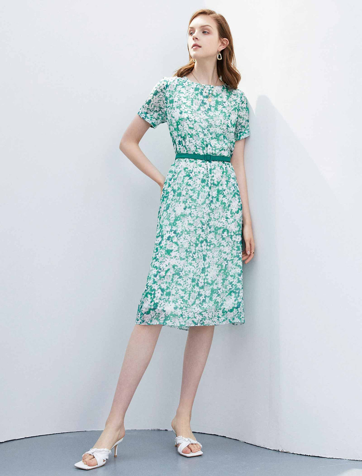 Round Neck Floral Silk Dress