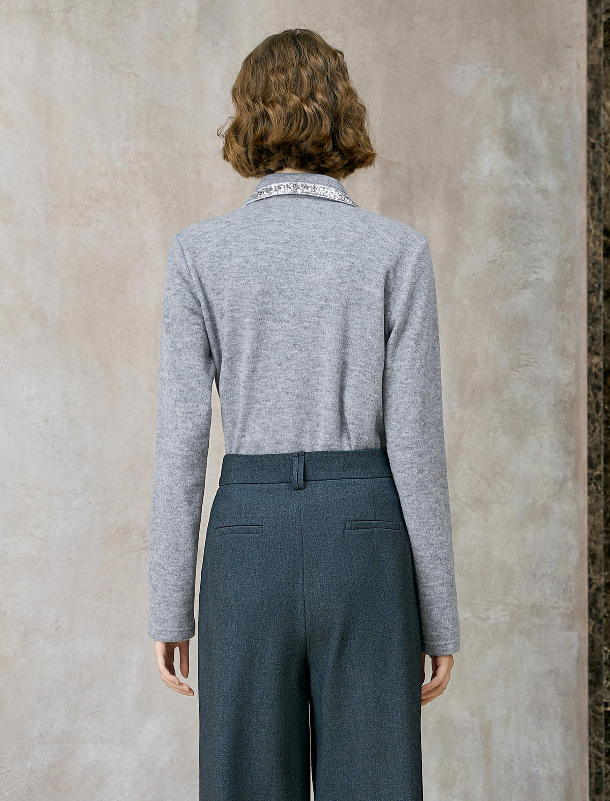 Sequin Trim Wool-Blend Polo Top