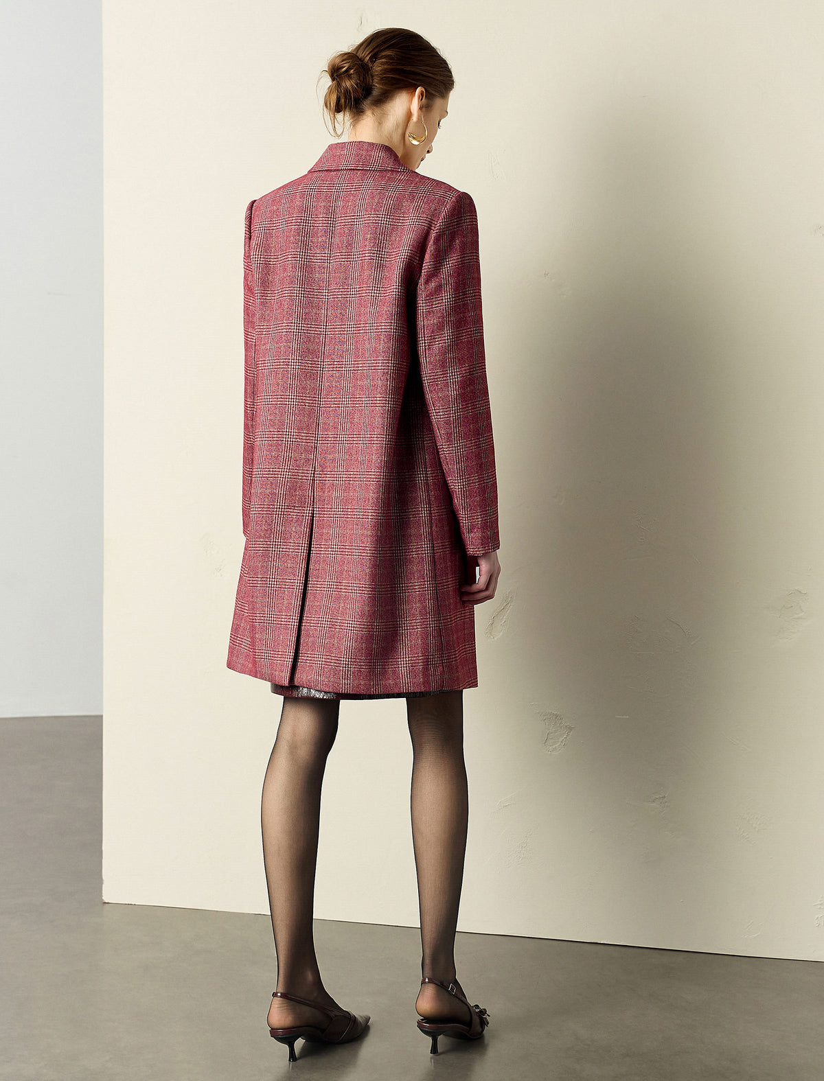 Red Plaid Straight Cut Midi Coat