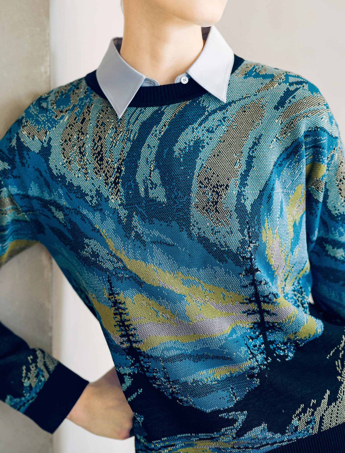 Vintage Landscape Jacquard Crew Neck Knit Top