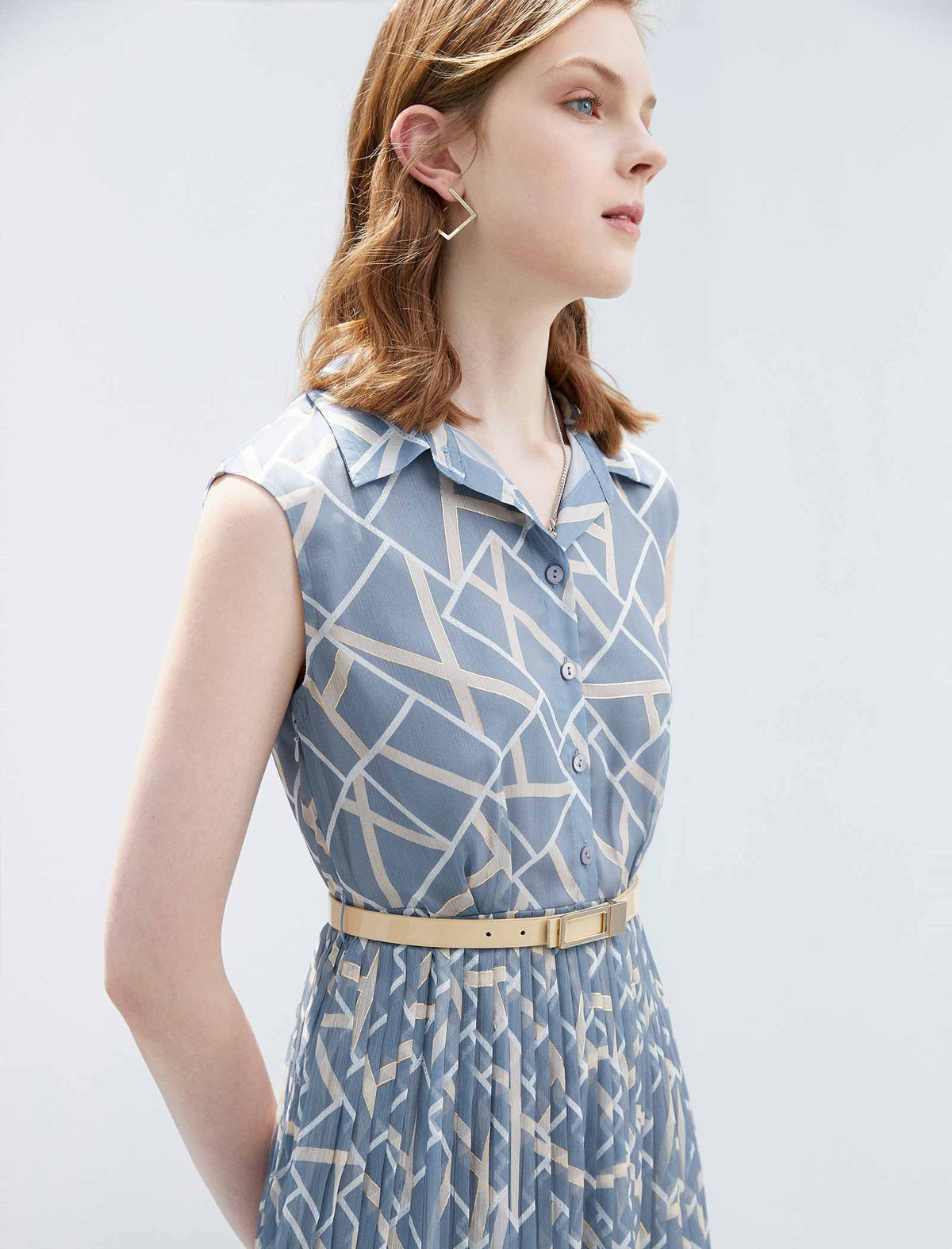 Waist-Cinched Sleeveless Shirt Pleated Dress