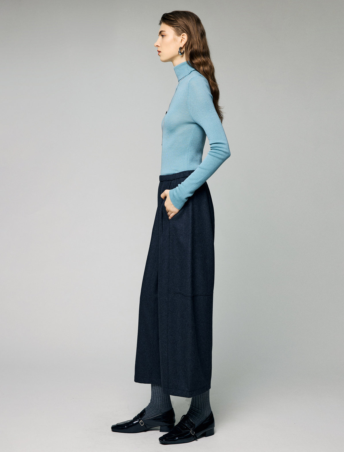 Wool Blend Elastic-Waist Pleated Wide-Leg Culottes