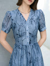 Abstract Print V-Neck Puff Sleeve Midi Dress