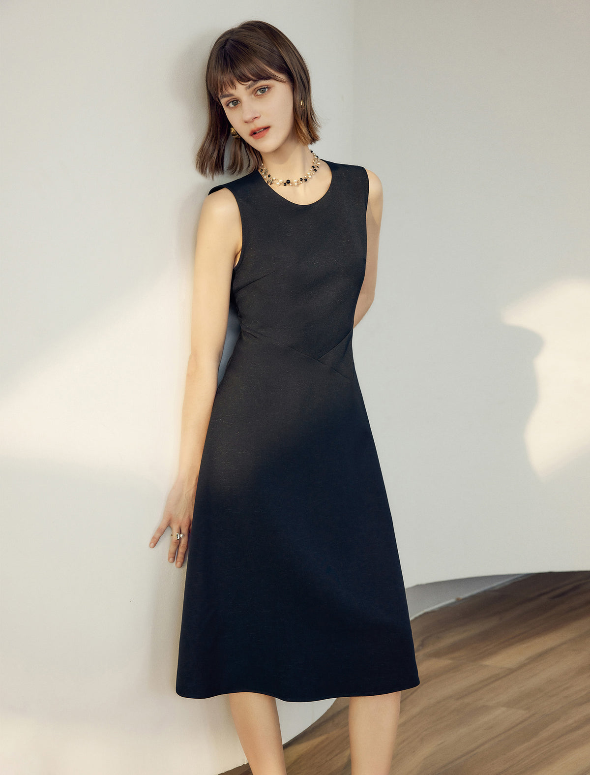 Sleeveless Shimmer Grid A-Line Midi Dress